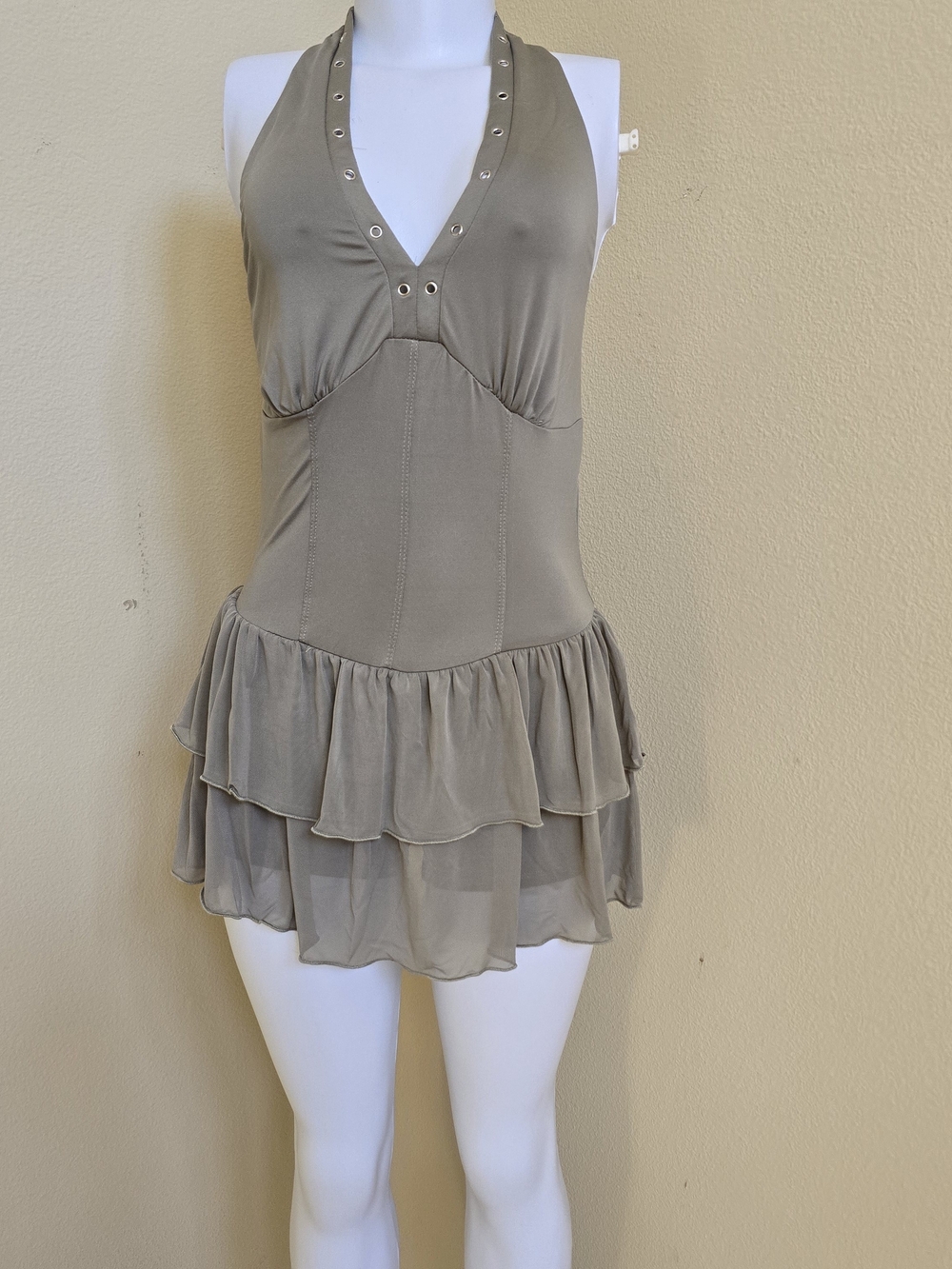 Tiered Halter Mini Dress in Taupe